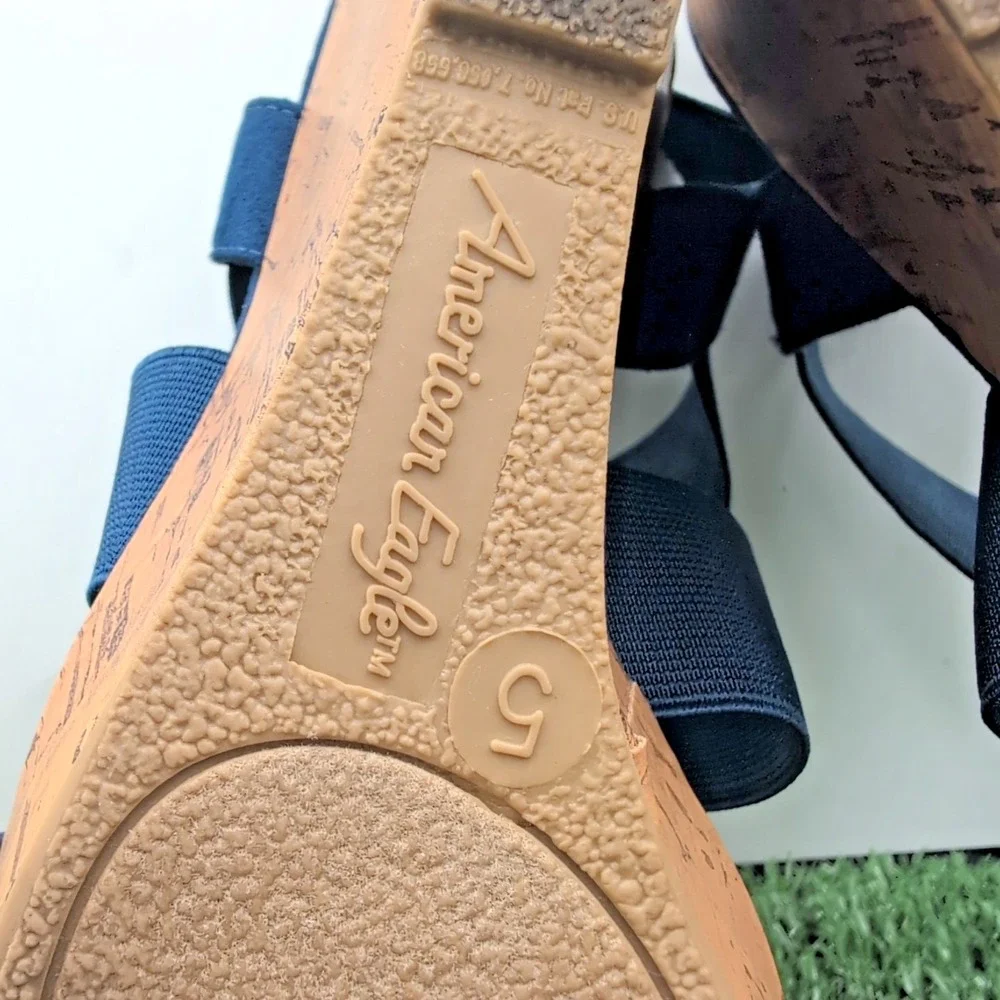 American Eagle AE Women's Shoes 5 Ryan Wedge Sandals Navy Blue Cork Heel Straps